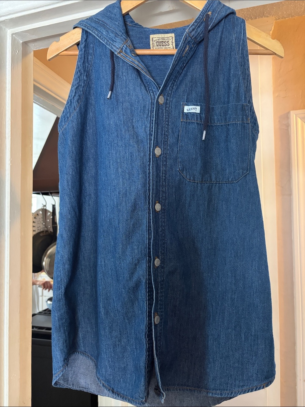 GUESS Denim Sleeveless Hooded Button-Front Tunic - Dark Blue Size Small
